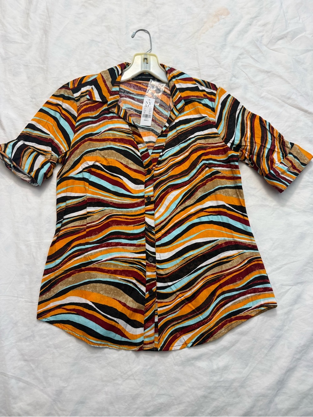 New York & Company Multi-Stripe Button Front Shirt in Orange, Black, Blue, Brown